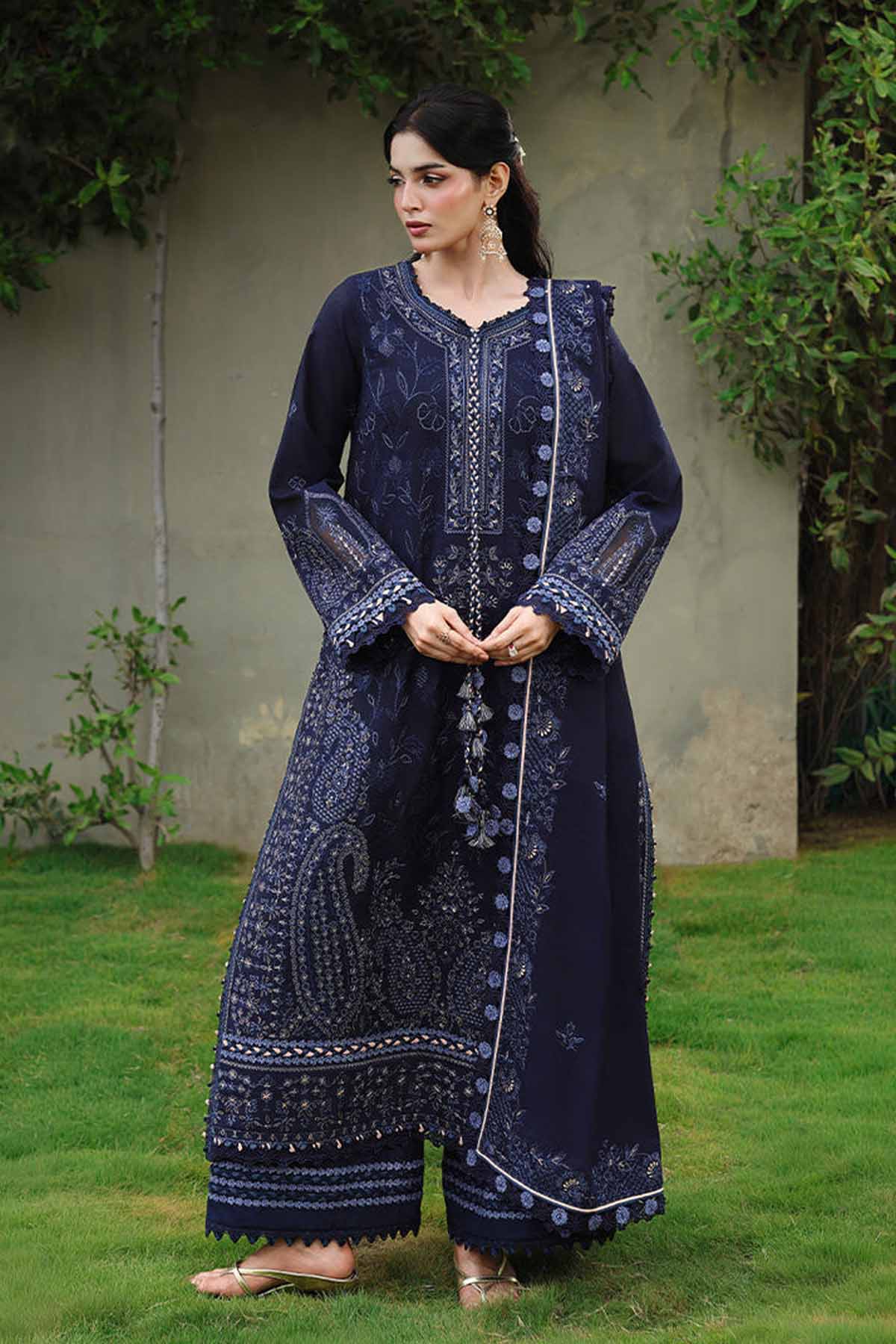 ASIM JOFA-3PC DHANAK EMBROIDERED SHIRT WITH DHANAK EMBROIDERED SHAWL AND EMB TROUSER-BIC-5183