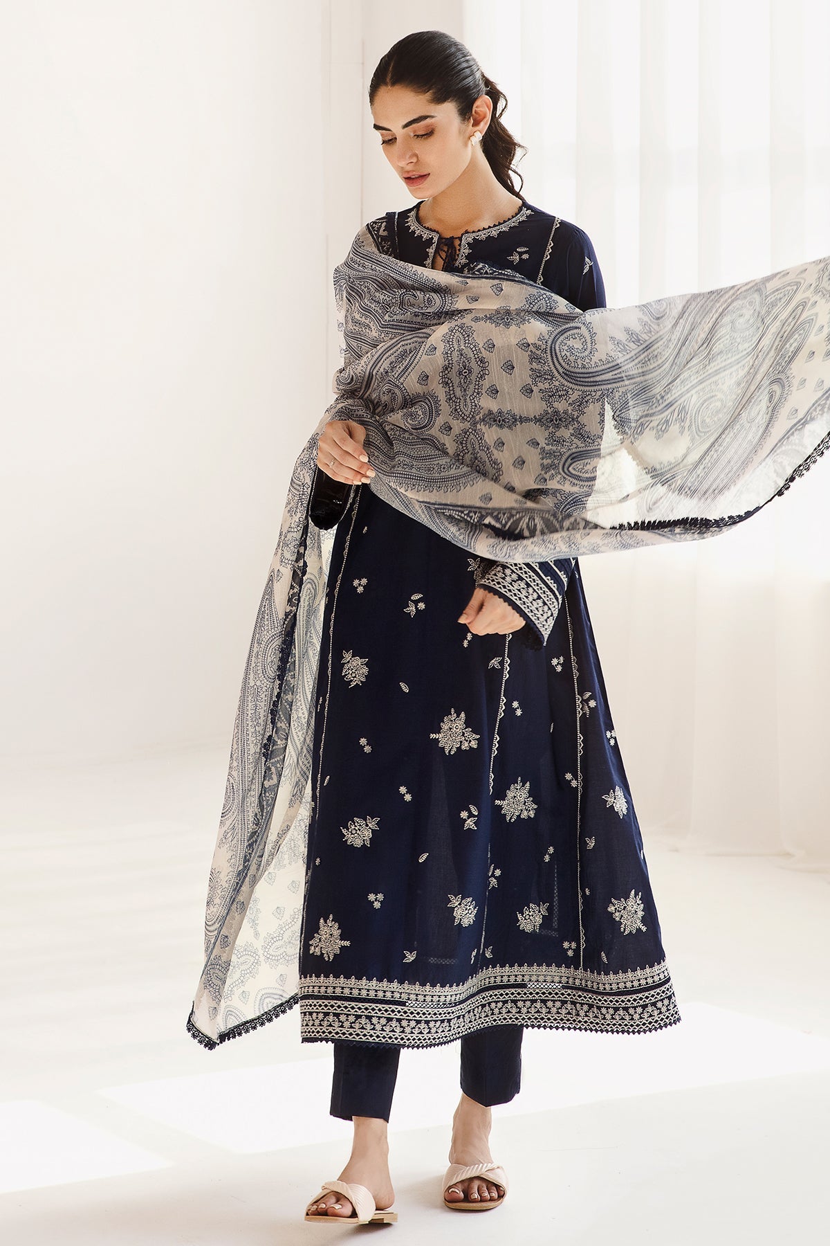 JAZMIN-3PC DHANAK SEQUENCE EMBROIDERED SHIRT WITH COUTRAI PRINTED SHAWL & DHANAK TOUSER-BIC-4182