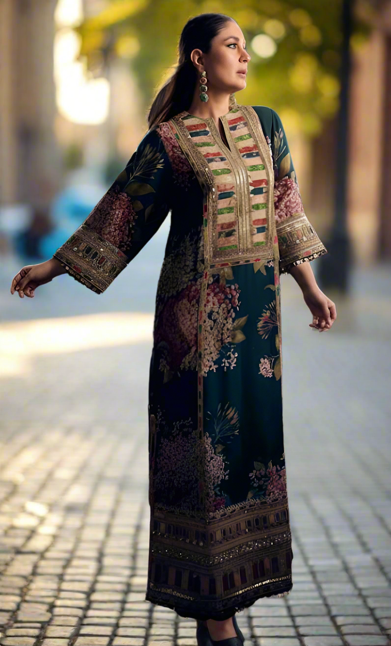 MARIA.B-2PC SHAMOZE SILK PRINTED EMBROIDERED SHIRT & PRINTED EMB SLEEVES-1734