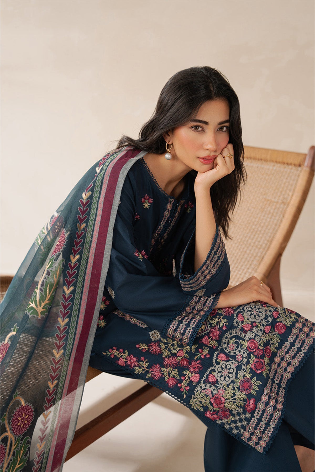SAPPHIRE-3PC DHANAK EMBROIDERED SHIRT WITH COURTRAI WOOL PRINTED SHAWL AND TROUSER -BIC-4310