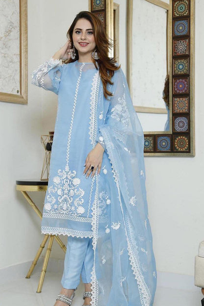 AZURE - 3PC ORGANZA EMBROIDERED LAWN SHIRT WITH ORGANZA EMBROIDERED DUPATTA AND TROUSER-2357