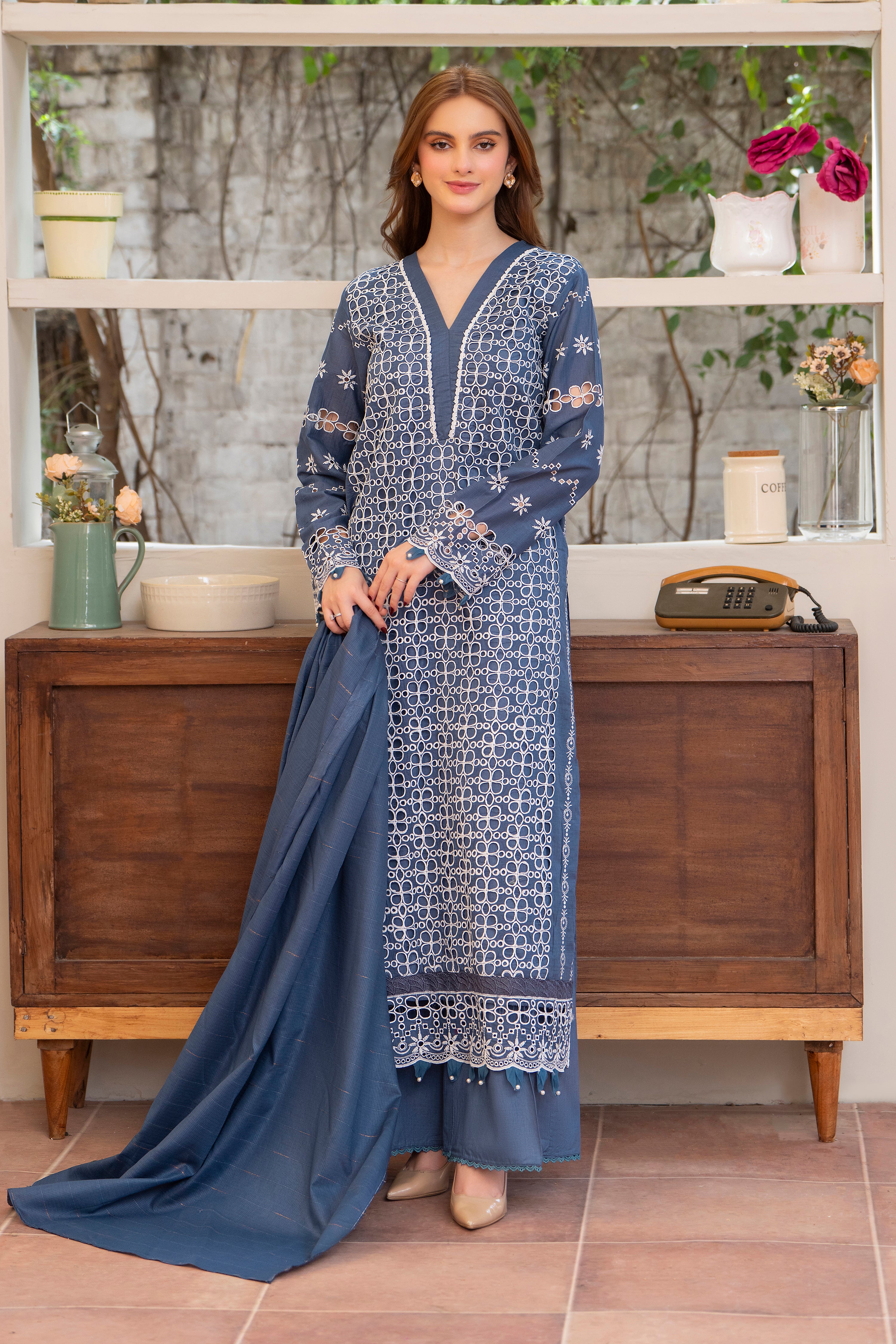 MIRAKHI-3PC LAWN CHIKENKARI EMBROIDERED SHIRT WITH LAWN TUBE SLUB DUPATTA-BIC-6600