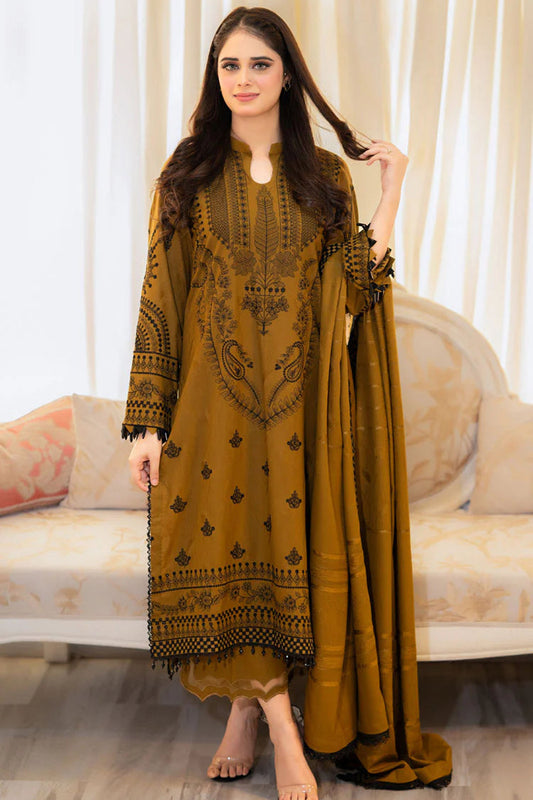 LIBAAS-3PC DHANAK EMBROIDERED SHIRT WITH DHANAK EMBROIDERED SHAWL & EMB TROUSER-BIC-3386