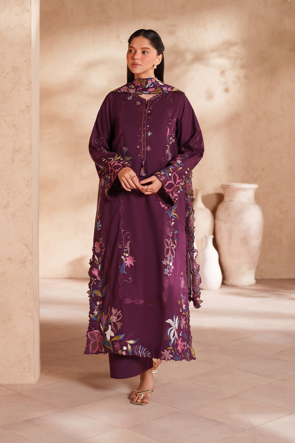 IZNIK-3PC LAWN EMBROIDERED SHIRT WITH KHAADI NET EMBROIDERED DUPATTA AND TROUSER-BIC-4833