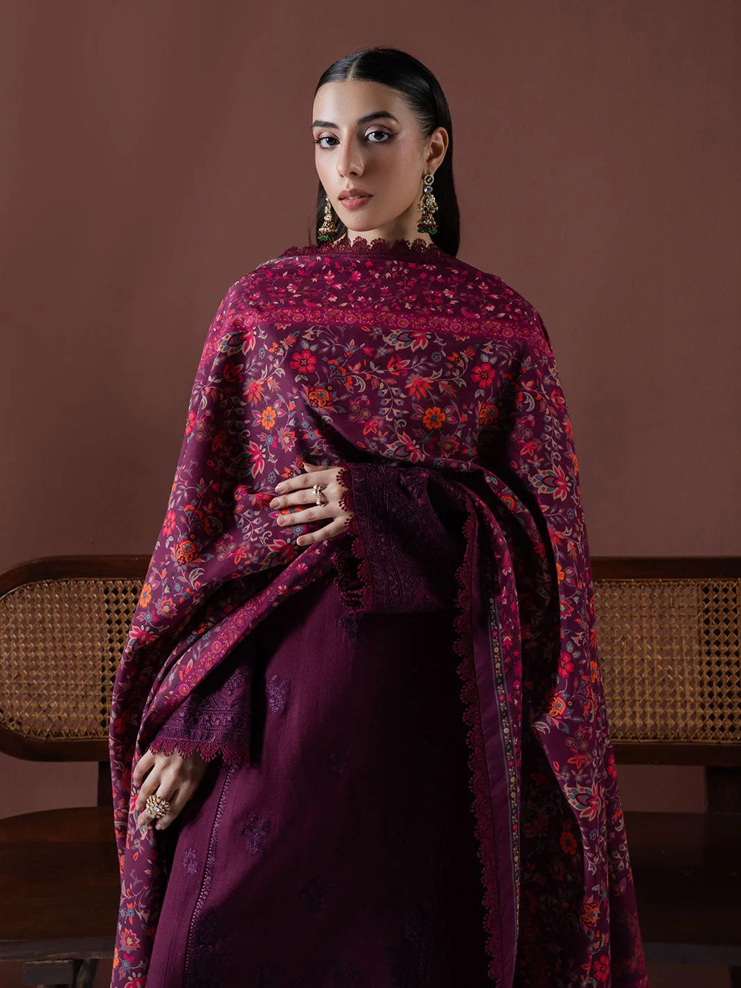 ASIM JOFA-3PC DHANAK EMBROIDERED SHIRT WITH COURTRAI PRINTED SHAWL & TOUSER-BIC-4219