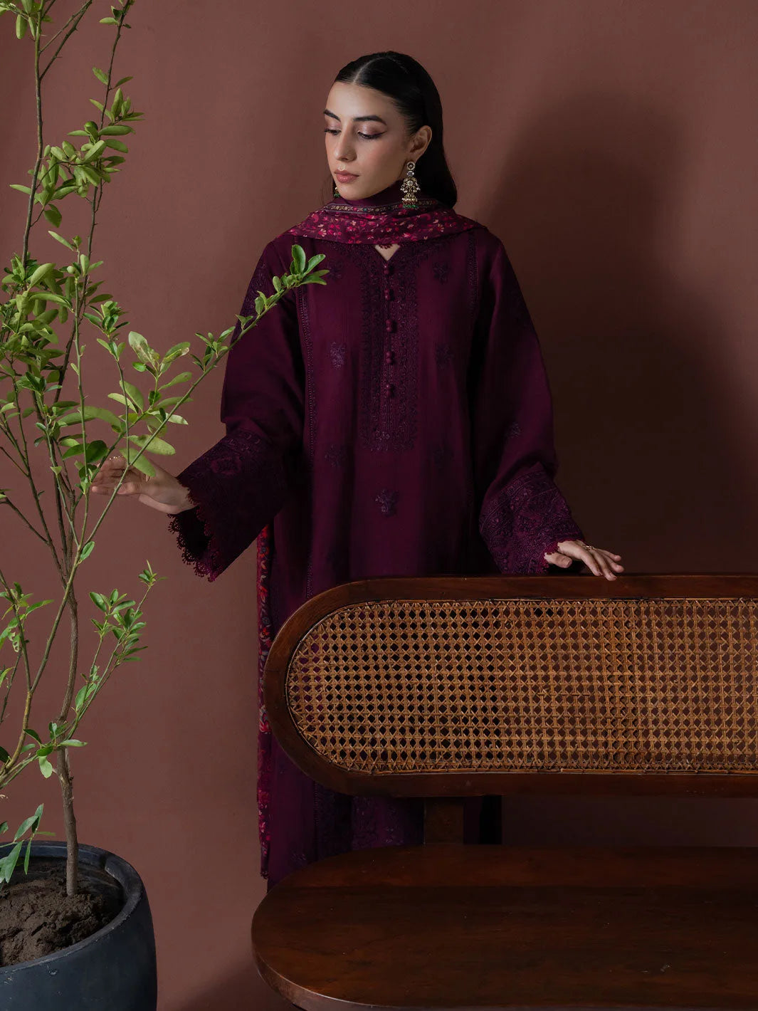 ASIM JOFA-3PC DHANAK EMBROIDERED SHIRT WITH COURTRAI PRINTED SHAWL & TOUSER-BIC-4219