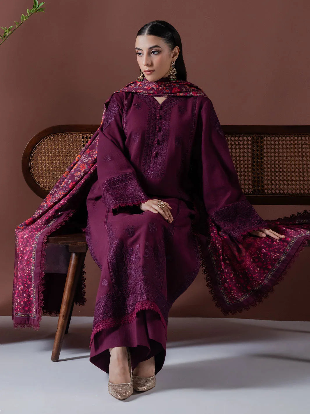 ASIM JOFA-3PC DHANAK EMBROIDERED SHIRT WITH COURTRAI PRINTED SHAWL & TOUSER-BIC-4219