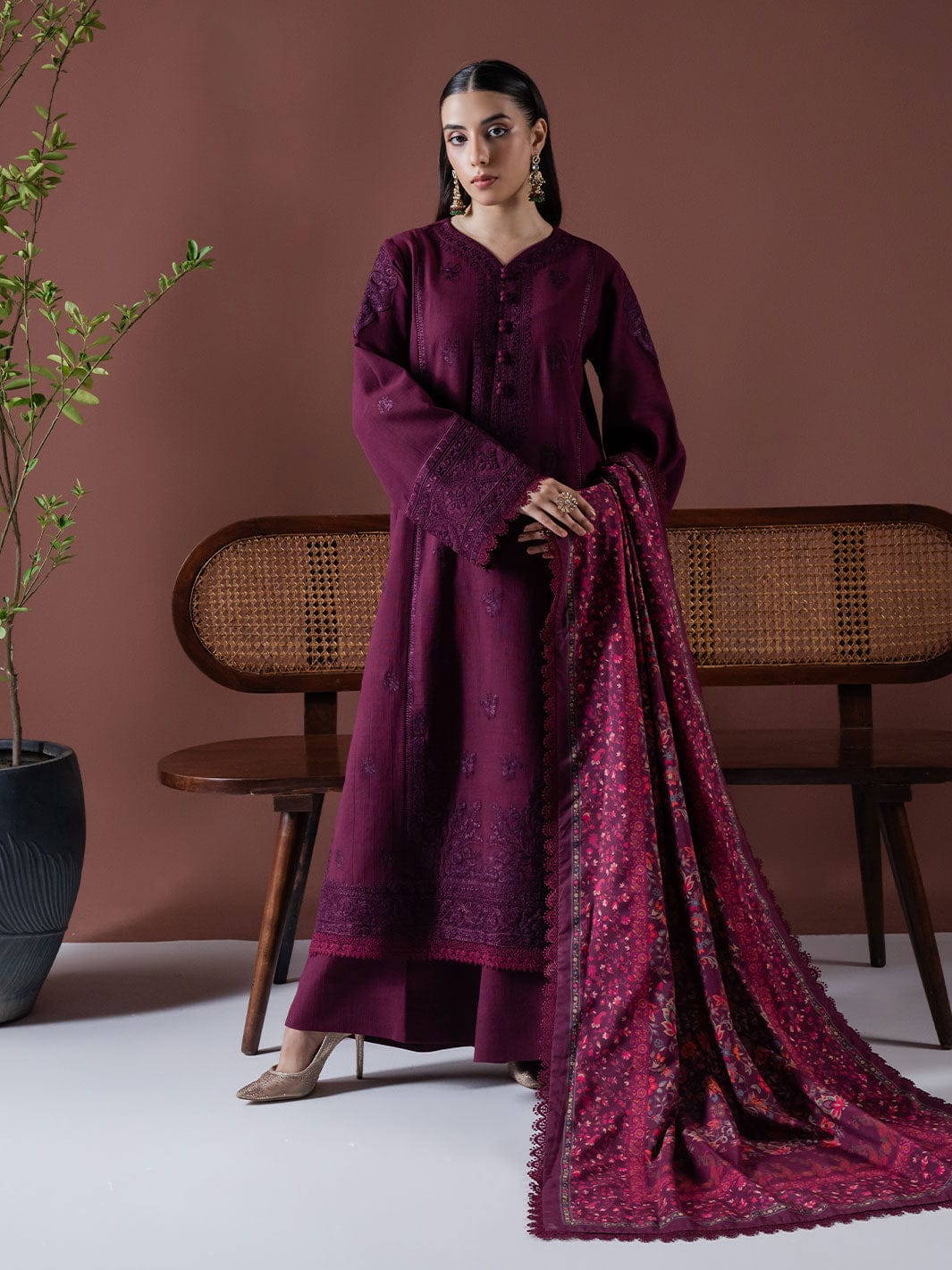 ASIM JOFA-3PC DHANAK EMBROIDERED SHIRT WITH COURTRAI PRINTED SHAWL & TOUSER-BIC-4219