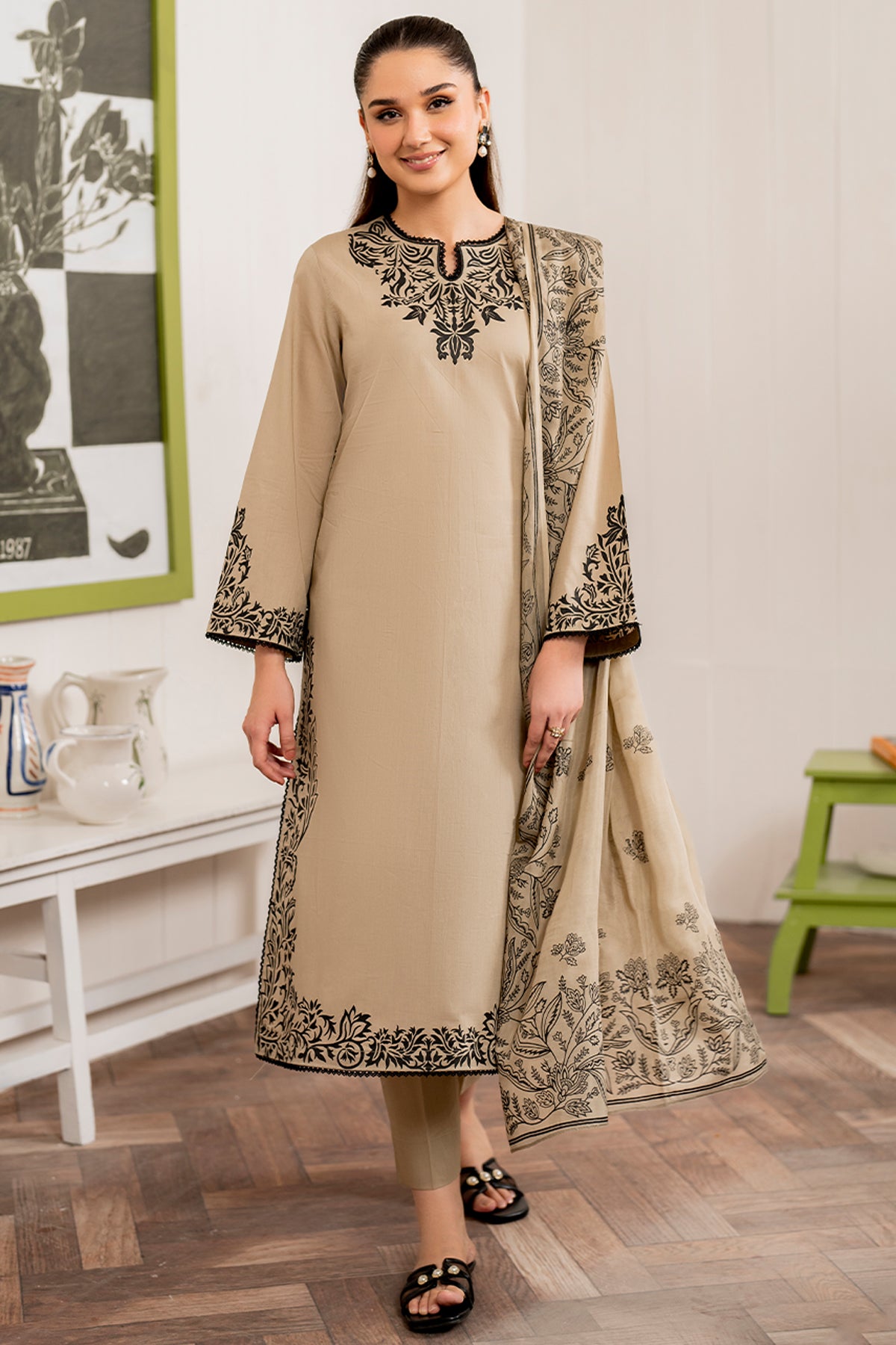 GARNET-3PC LAWN EMBROIDERED SHIRT WITH MONARK PRINT DUPATTA AND TROUSER-BIC- 3515