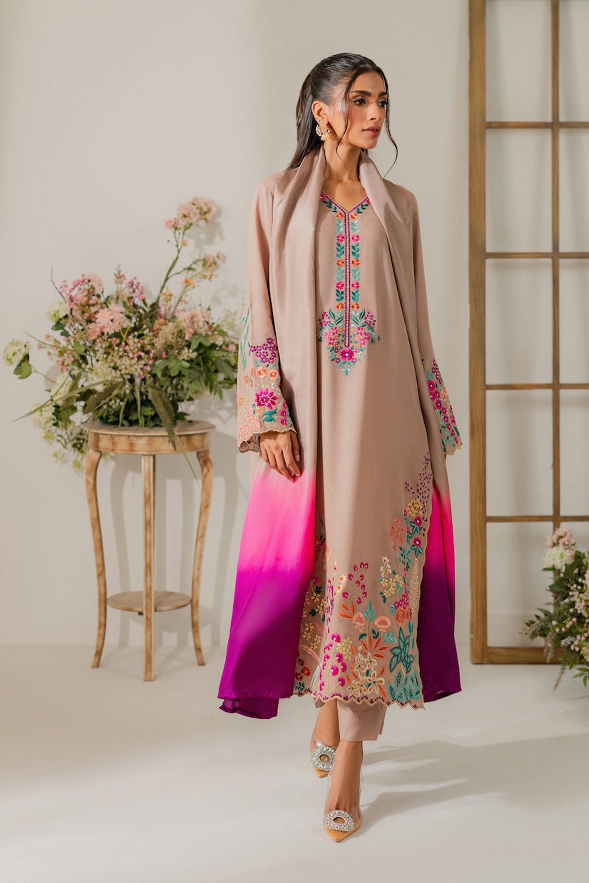 VINTAGE-3PC DHANAK EMBROIDERED SHIRT WITH TYE & DYE CHIFFON DUPATTA AND TROUSER-BIC-4265
