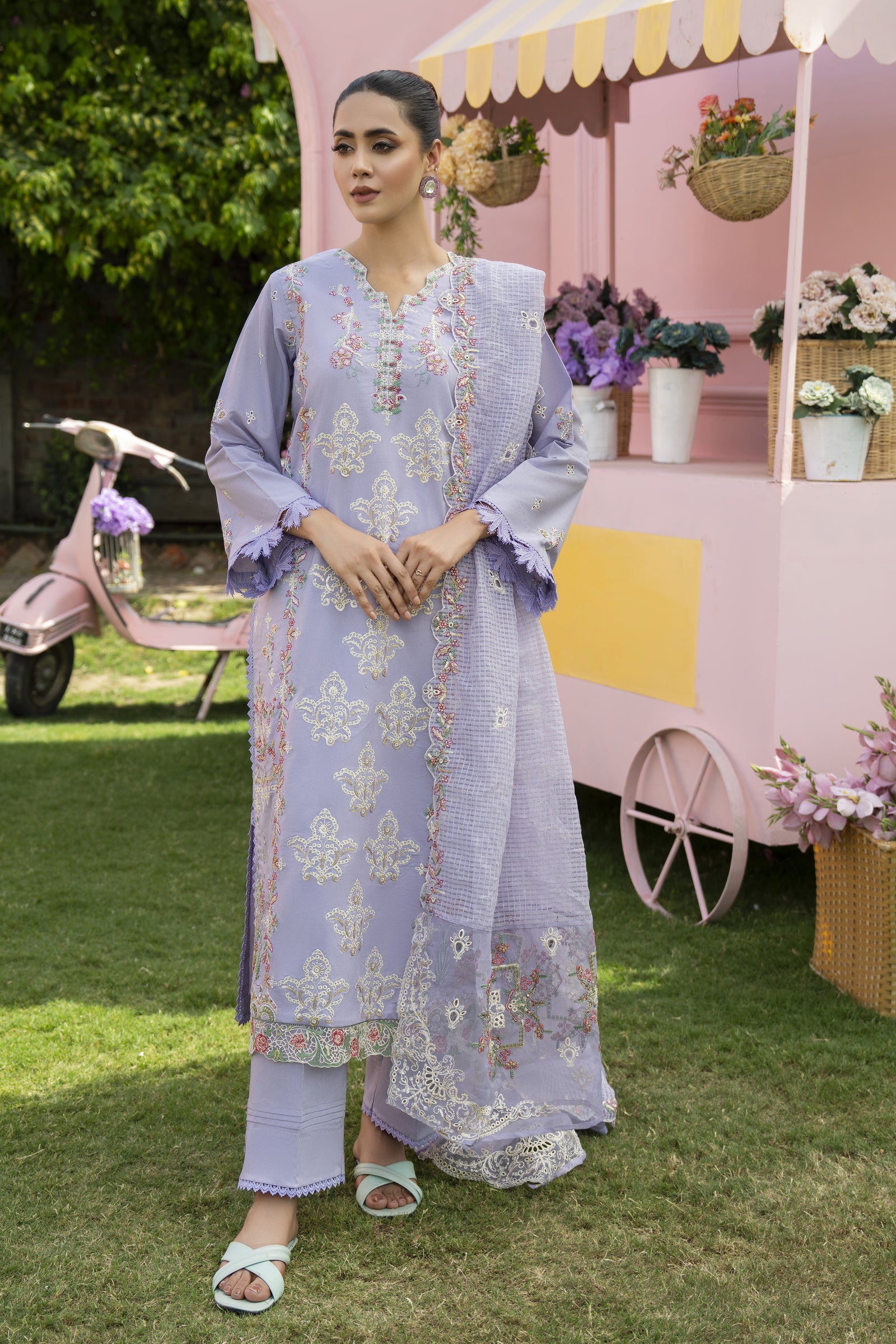 MIRAKHI-3PC LAWN EMBROIDERED SHIRT WITH KHAADI NET EMB DUPATTA & TROUSER-BIC-3805