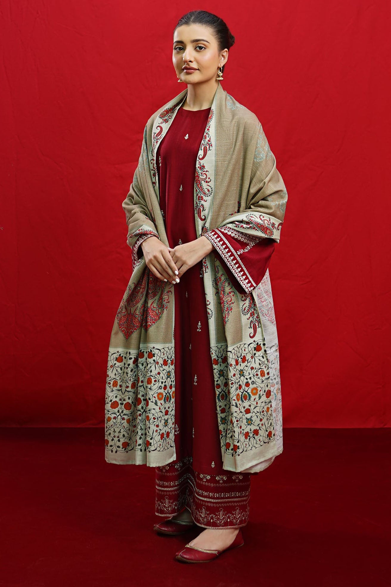 URGE-3PC DHANAK EMBROIDERED SHIRT WITH COURTRAI PRINTED SHAWL & EMB TROUSER-BIC-3363