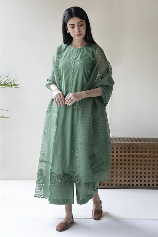 DYOT - 3PC LAWN EMBROIDERED SHIRT WITH ORGANZA EMBROIDERED DUPPATTA & TROUSER-BIC-3615