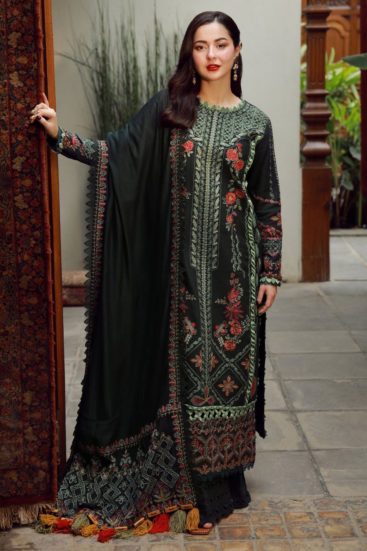 ZAIB-3PC KARANDI EMBROIDERED SHIRT WITH KARANDI EMBROIDERED SHAWL AND TROUSER-BIC-4410