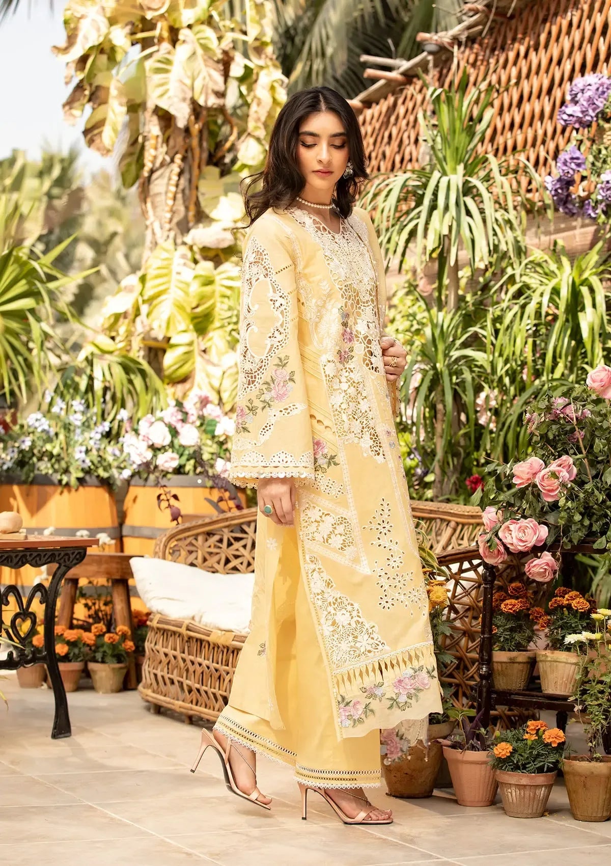 ELAF-3PC LAWN CHIKANKARI EMBROIDERED SHIRT WITH KHADDI NET EMBROIDERED DUPATTA AND TROUSER-BIC-4729