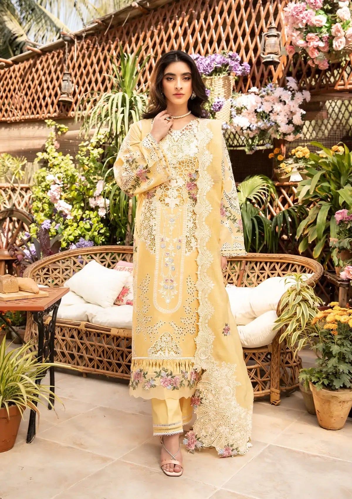 ELAF-3PC LAWN CHIKANKARI EMBROIDERED SHIRT WITH KHADDI NET EMBROIDERED DUPATTA AND TROUSER-BIC-4729