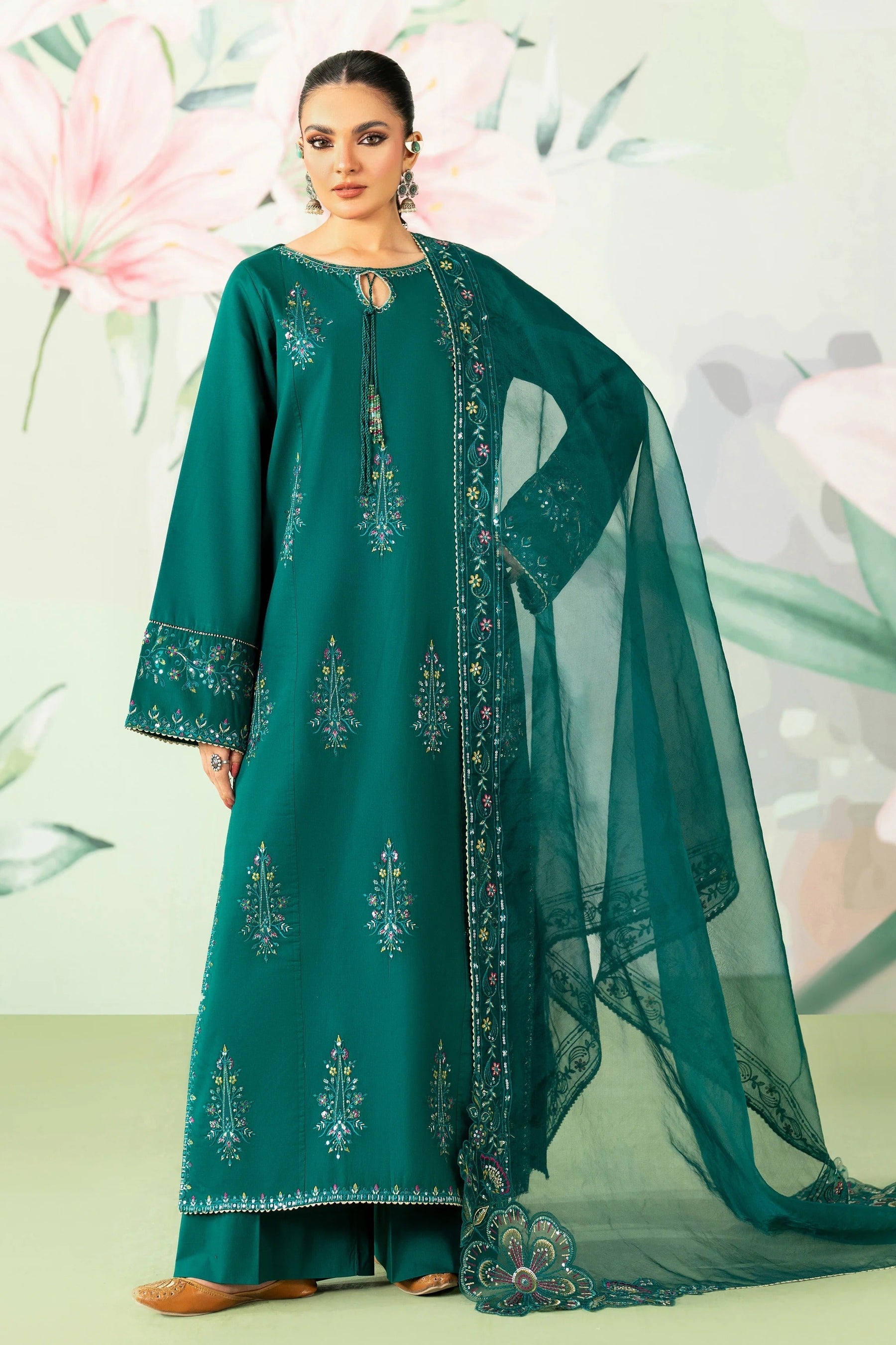 ETHNC-3PC LAWN SEQUIN EMBROIDERED SHIRT WITH ORGANZA EMBROIDERED DUPATTA AND TROUSER-BIC-4635