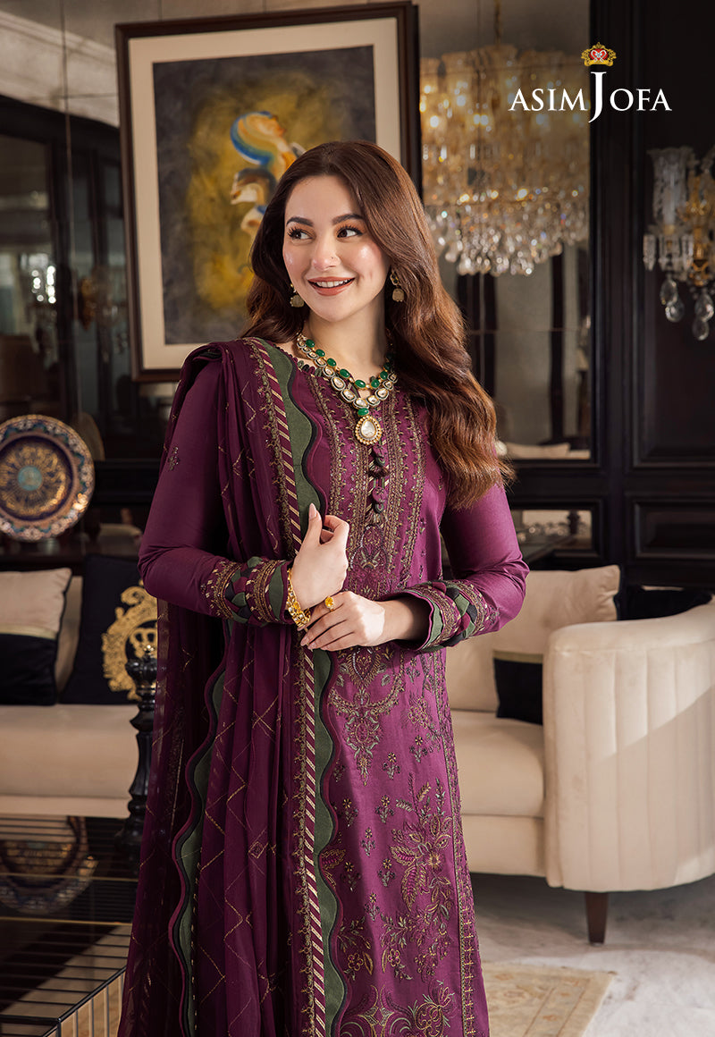 ASIM JOFA-3PC DHANAK EMBROIDERED SHIRT WITH DHANAK EMBROIDERED SHAWL & DHANAK TOUSER-BIC-4291