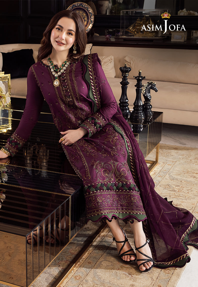 ASIM JOFA-3PC DHANAK EMBROIDERED SHIRT WITH DHANAK EMBROIDERED SHAWL & DHANAK TOUSER-BIC-4291