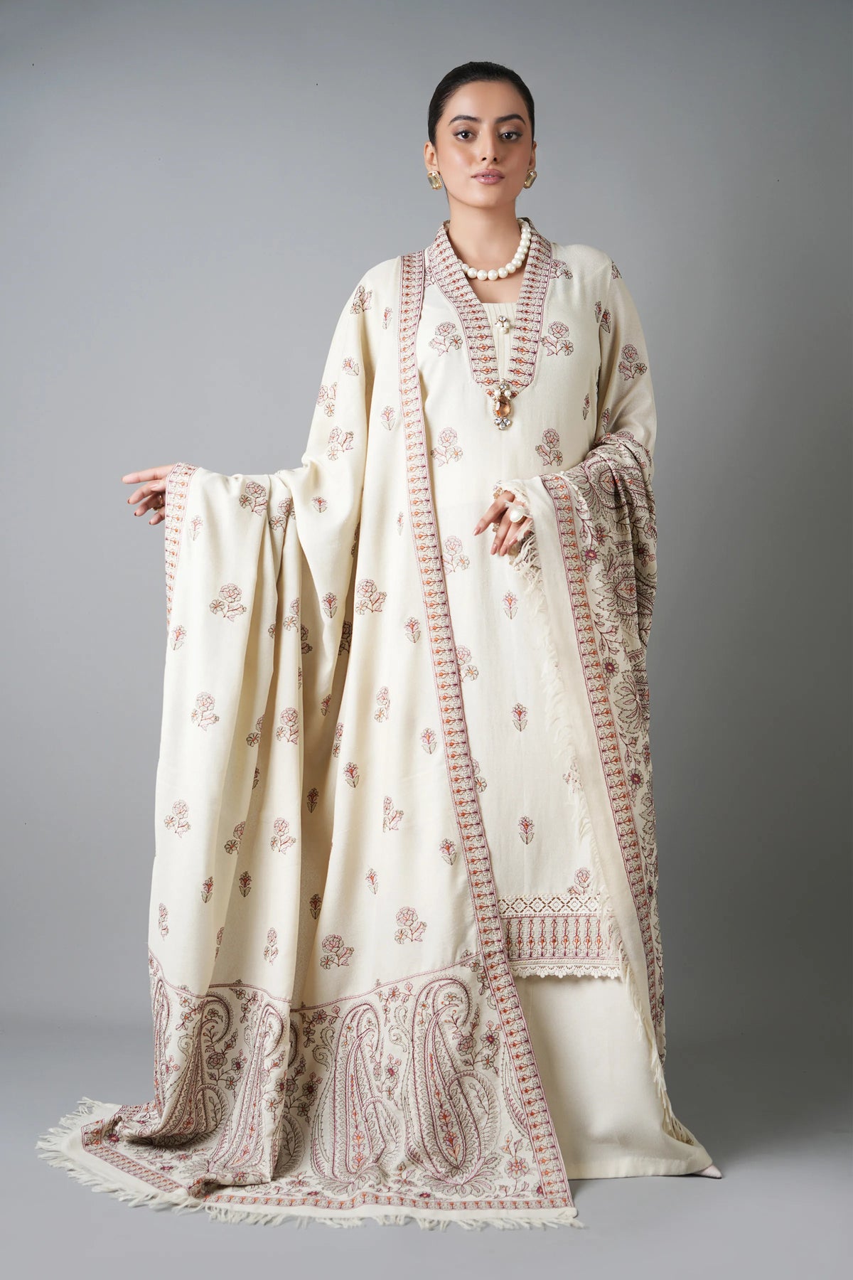 BAREEZE-3PC KARANDI EMBROIDERED SHIRT WITH KARANDI EMBROIDERED SHAWL AND KARANDI TROUSER-BIC-5254