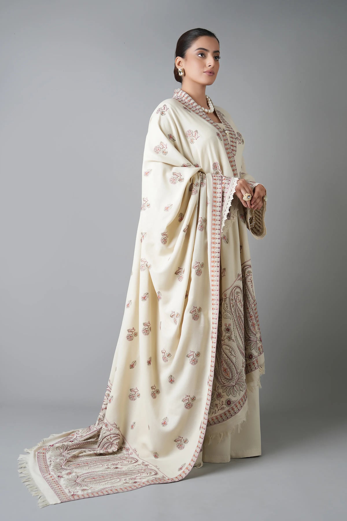 BAREEZE-3PC KARANDI EMBROIDERED SHIRT WITH KARANDI EMBROIDERED SHAWL AND KARANDI TROUSER-BIC-5254