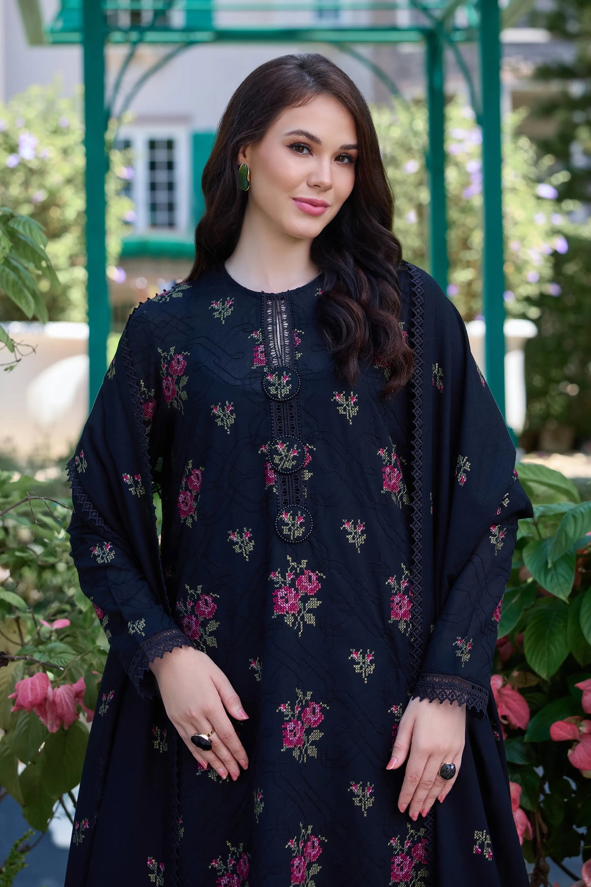 BAREEZE-3PC DHANAK EMBROIDERED SHIRT WITH DHANAK EMBROIDERED SHAWL AND TROUSER-BIC-5296