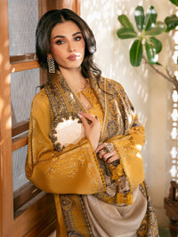 IZEL-3PC DHANAK EMBROIDERED SHIRT WITH COURTRAI PRINTED SHAWL & TROUSER-BIC-4372