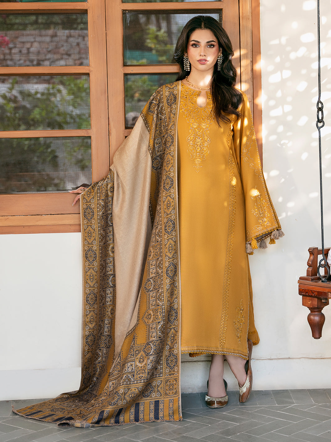 IZEL-3PC DHANAK EMBROIDERED SHIRT WITH COURTRAI PRINTED SHAWL & TROUSER-BIC-4372