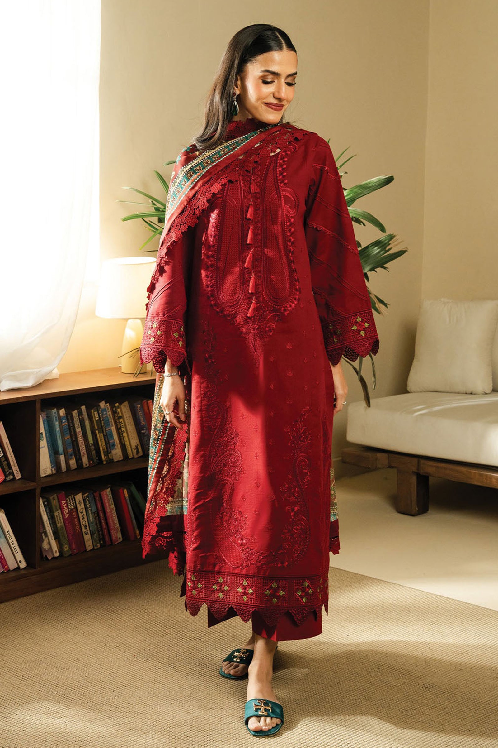 BATIK-3PC DHANAK EMBROIDERED SHIRT WITH COUTRAI WOOL PRINTED SHAWL AND TROUSER-BIC-4138