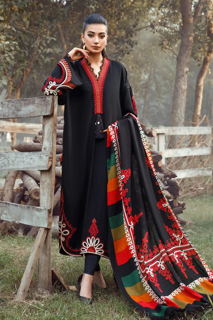 MARIA B -3PC KHADDAR HEAVY EMBROIDERED SHIRT WITH WOOL PRINT SHAWL AND TROUSER -BIC-3103 (A)