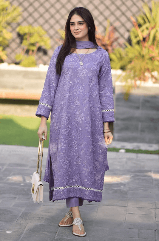 BAREEZE-3PC DHANAK EMBROIDERED SHIRT WITH CHIFFON EMBROIDERED DUPATTA AND TROUSER BIC-4163