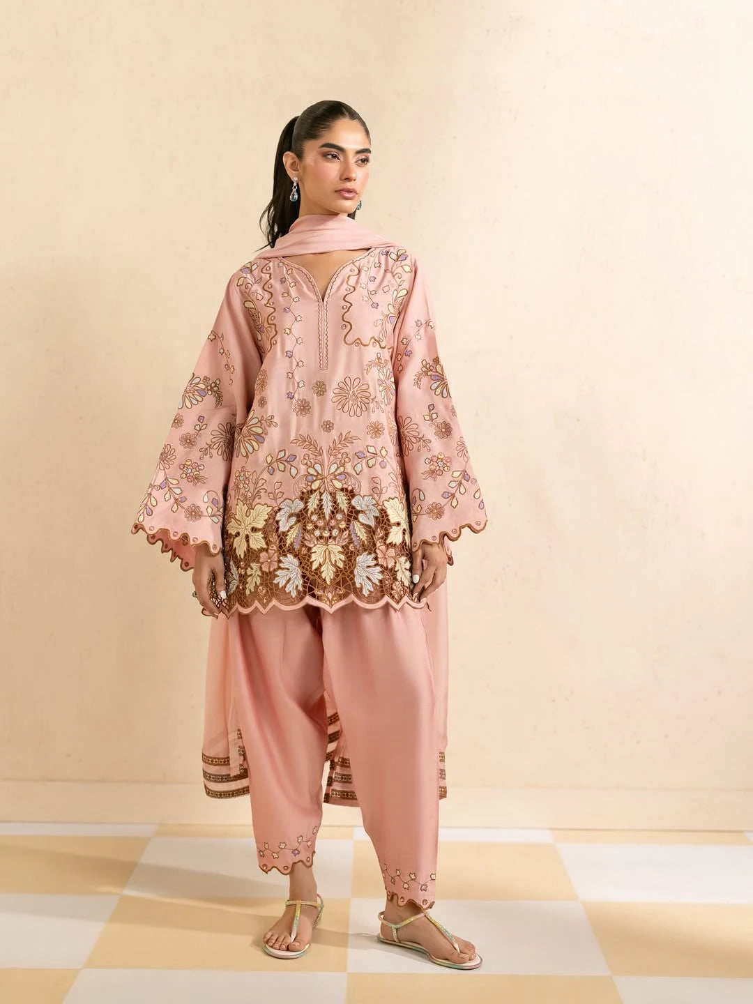 SAPPHIRE-3PC DHANAK EMBROIDERED SHIRT WITH DHANAK EMBROIDERED SHAWL AND TROUSER-BIC-5298