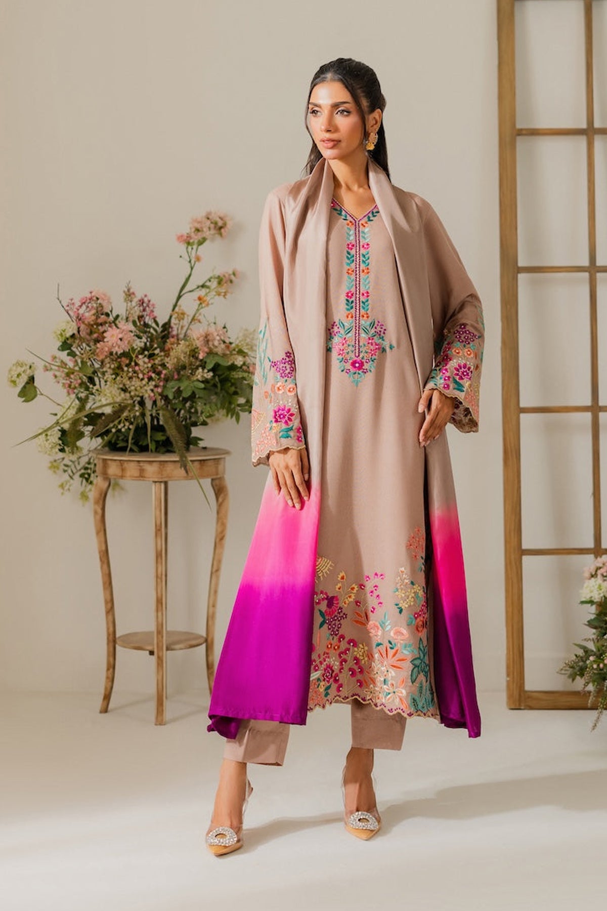 VINTAGE-3PC DHANAK EMBROIDERED SHIRT WITH TYE & DYE CHIFFON DUPATTA AND TROUSER-BIC-4265