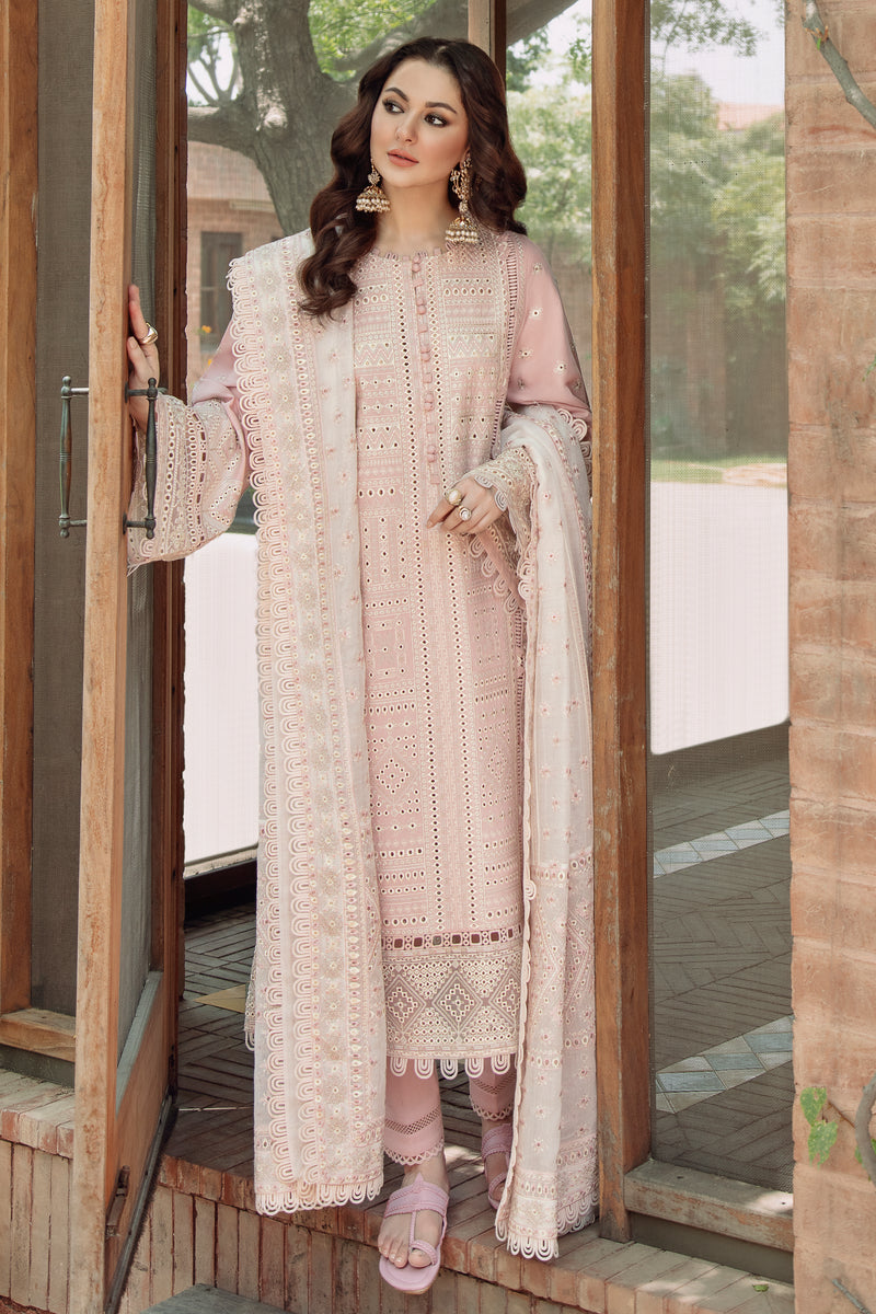 JAZMIN-3PC LAWN CHIKANKARI EMBROIDERED SHIRT WITH KHADDI NET EMB DUPATTA AND TROUSER -BIC-4552