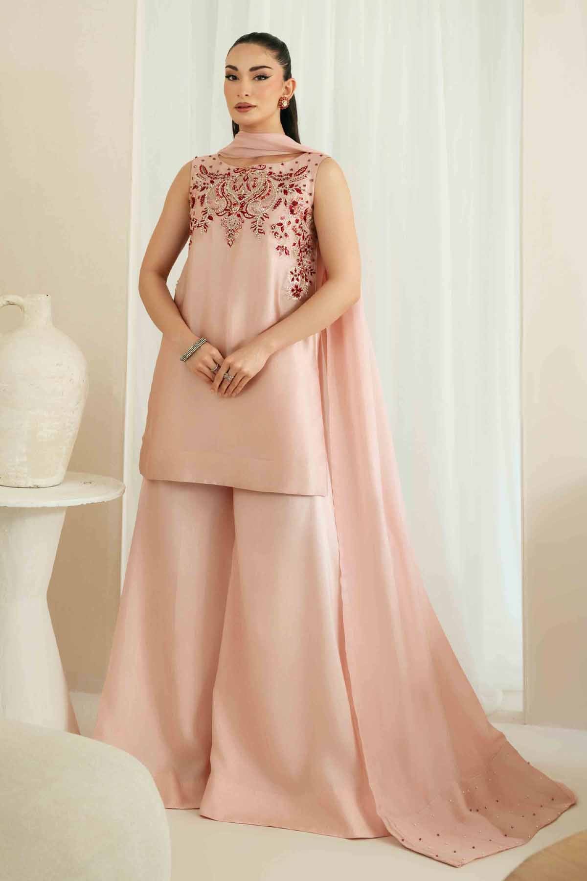 KAIDA-3PC-RAW SILK HAND EMB EMBELLISHED SHIRT WITH SOFT SILK EMB DUPATTA AND RAW SILK TROUSER-BIC-5165