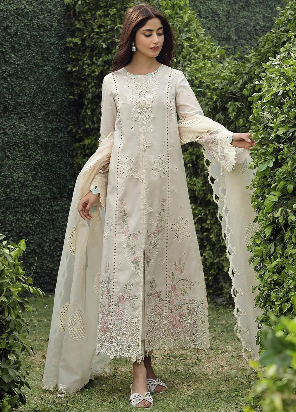 QALAMQAR-3PC LAWN CHIKAANKARI EMBROIDERED SHIRT WITH KHAADI NET EMBROIDERED DUPATTA AND TROUSER -BIC-4730