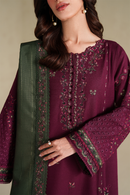 IZNIK-3PC DHANAK EMBROIDERED SHIRT WITH DHANAK EMBROIDERED SHAWL AND TROUSER-BIC-5145