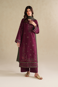 IZNIK-3PC DHANAK EMBROIDERED SHIRT WITH DHANAK EMBROIDERED SHAWL AND TROUSER-BIC-5145
