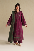 IZNIK-3PC DHANAK EMBROIDERED SHIRT WITH DHANAK EMBROIDERED SHAWL AND TROUSER-BIC-5145