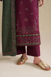 IZNIK-3PC DHANAK EMBROIDERED SHIRT WITH DHANAK EMBROIDERED SHAWL AND TROUSER-BIC-5145