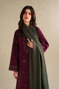IZNIK-3PC DHANAK EMBROIDERED SHIRT WITH DHANAK EMBROIDERED SHAWL AND TROUSER-BIC-5145