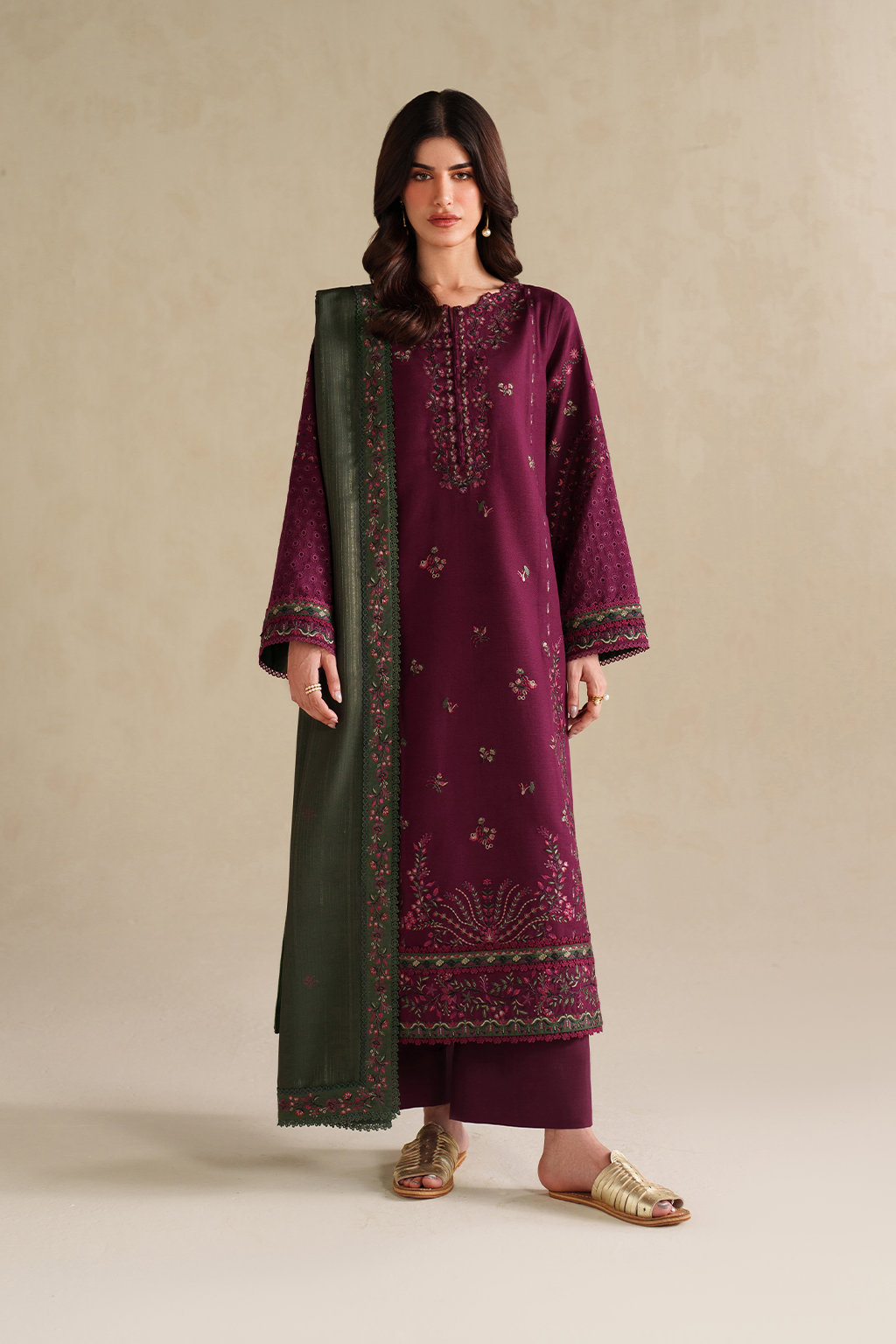 IZNIK-3PC DHANAK EMBROIDERED SHIRT WITH DHANAK EMBROIDERED SHAWL AND TROUSER-BIC-5145