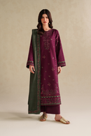 IZNIK-3PC DHANAK EMBROIDERED SHIRT WITH DHANAK EMBROIDERED SHAWL AND TROUSER-BIC-5145