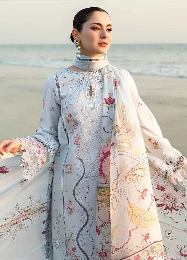 QALAMQAR - 3PC LAWN EMBROIDERED SHIRT WITH MONARK PRINTED DUPATTA AND TROUSER-BIC-3663