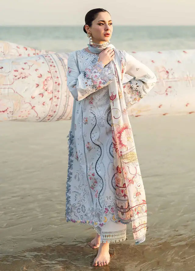 QALAMQAR - 3PC LAWN EMBROIDERED SHIRT WITH MONARK PRINTED DUPATTA AND TROUSER-BIC-3663