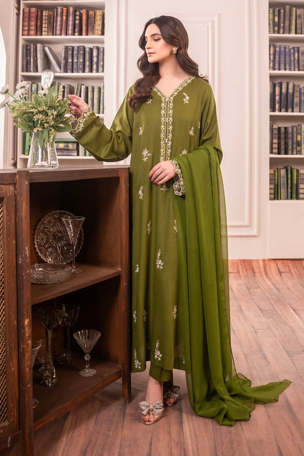 SAPPHIRE-3PC DHANAK EMBROIDERED SHIRT WITH CHIFFON DUPATTA AND TROUSER-BIC-4084