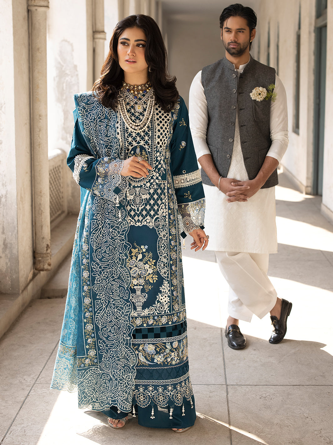 MAHNUR-3PC LAWN EMBROIDERED SHIRT WITH ORGANZA EMBROIDERED DUPATTA AND TROUSER-BIC-4609