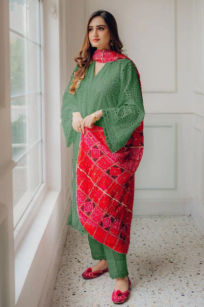 MARIA B-3PC CHIKANKARI LAWN EMBROIDERED SHIRT WITH CHUNRI PRINT DUPATTA AND TROUSER-BIC-4051 M