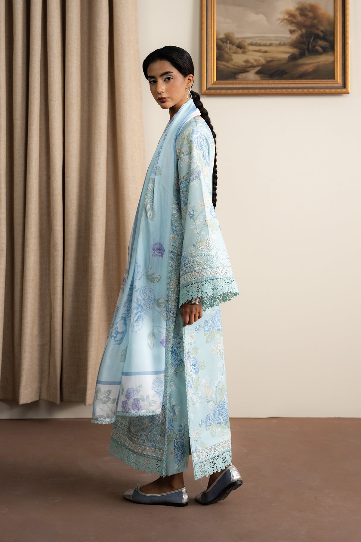 AYZEL-3PC LAWN PRINTED EMB SHIRT WITH SILK PRINTED DUPATTA AND PRINTED TROUSER-BIC-043
