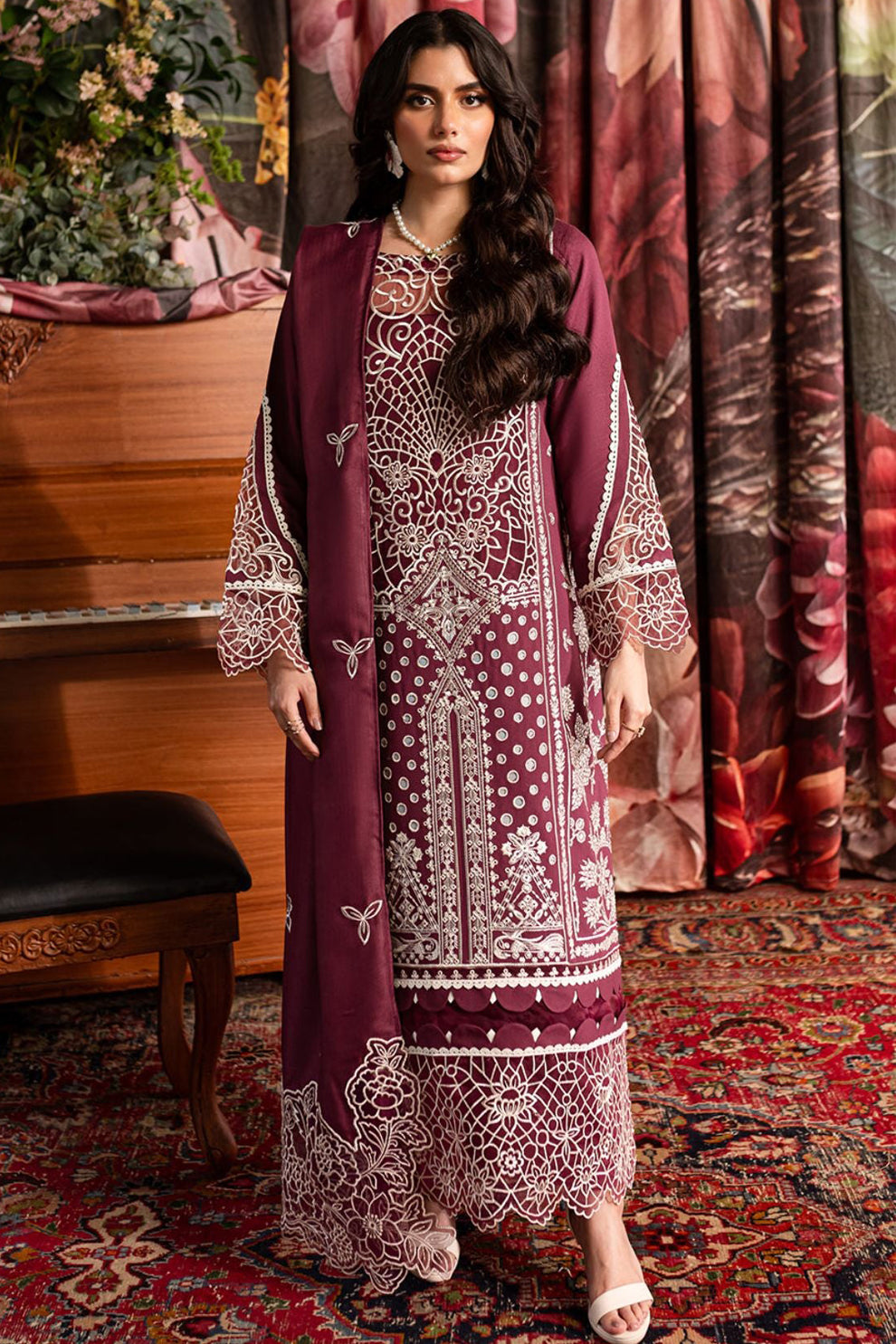 QALAMQAR-3PC CHIKANKAARI LAWN CUTWORK EMBROIDERED SHIRT WITH MONARK EMBROIDERED CUTWORK DUPATTA AND TROUSER-BIC-3642